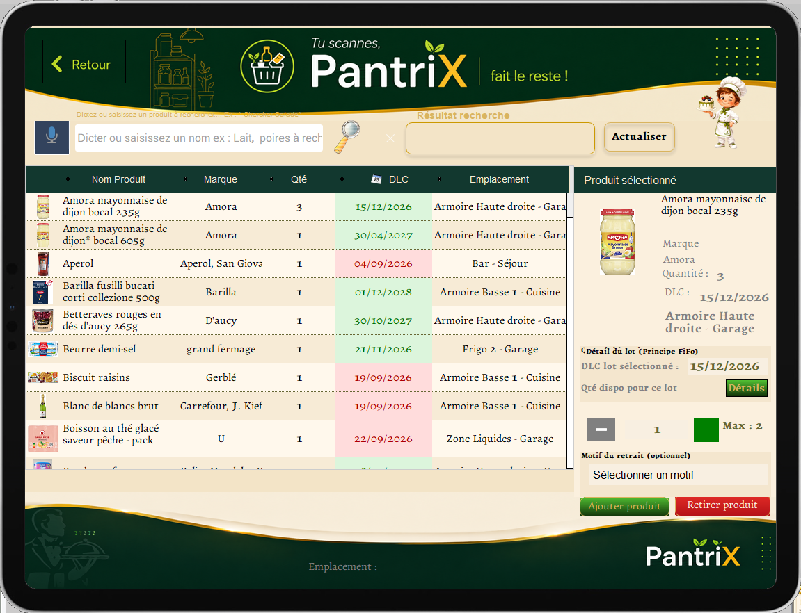 Véritable écran PantriX : Cellier et produits disponibles
