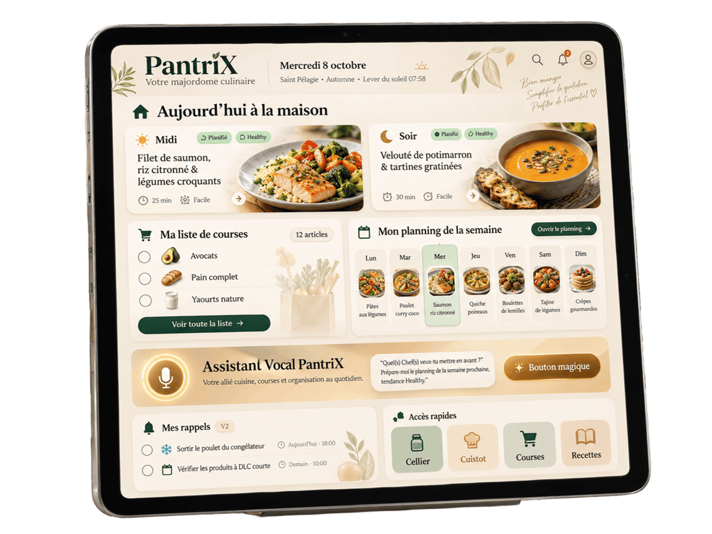 Nouvel écran d’accueil PantriX sur iPad : repas du jour, planning, courses, assistant et accès rapides