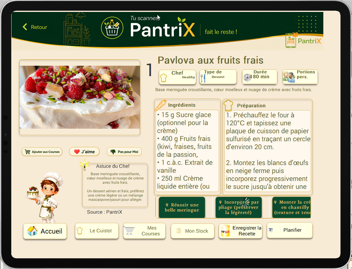 Capture PantriX : détail d’une recette avec ingrédients, préparation et techniques culinaires
