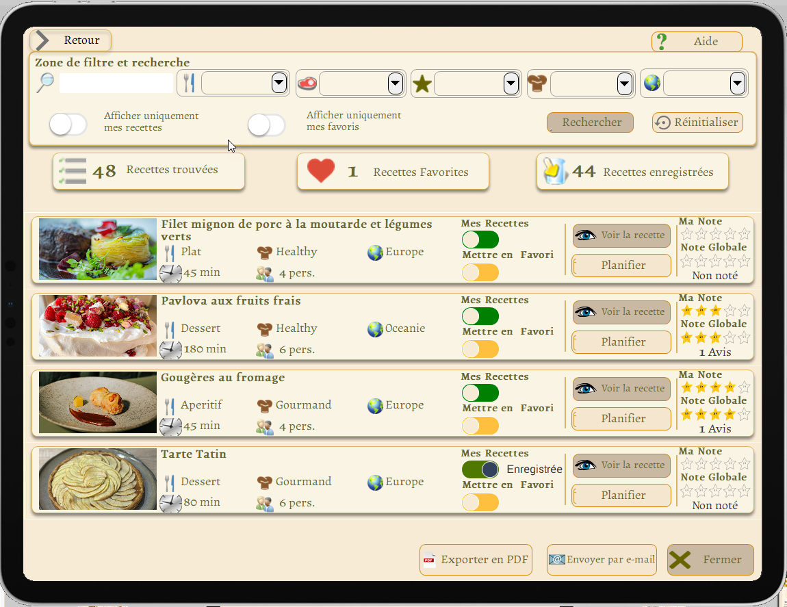 Capture PantriX : bibliothèque des recettes