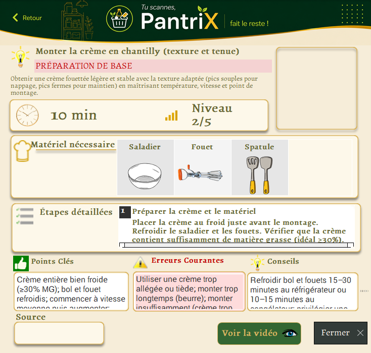 Capture PantriX : fiche technique culinaire